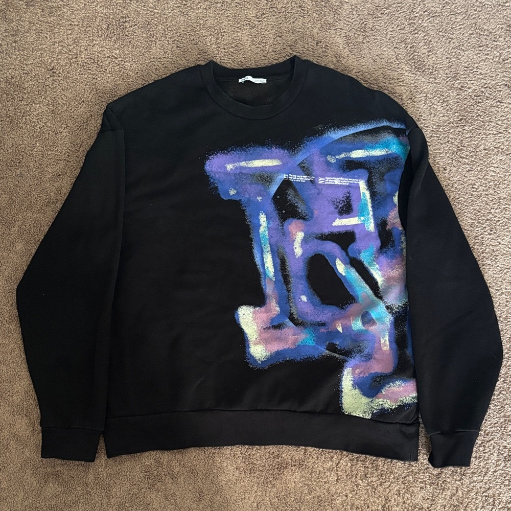 Zara Black Sweater with Blue and Purple Graphic - Extra Large